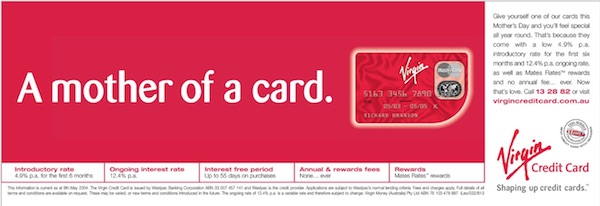 Virgin Credit Card Mother's Day print advertisement